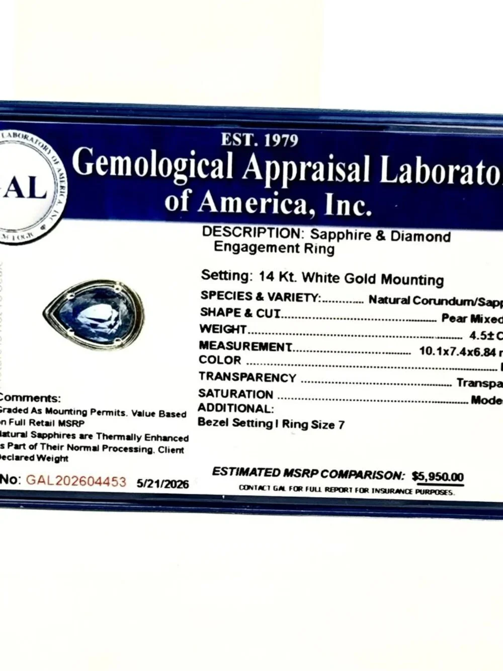 Natural Sapphire Ring Size 7 14k Gold 4.5 Carats Certified $5,950 604453